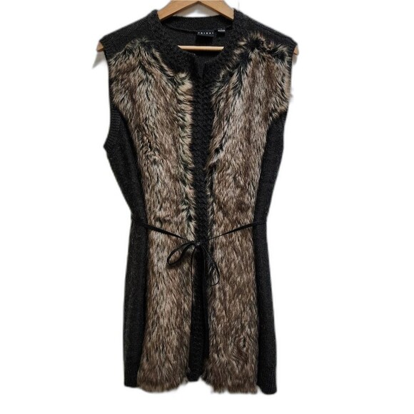 Tribal Sweater Womens L Brown Black Wool Blend Faux Fur Sleeveless Cardigan Boho - Picture 1 of 11